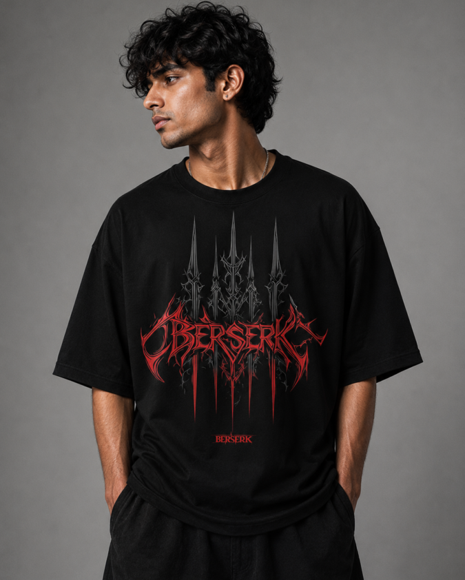 Berserk Oversized Graphic T-Shirt front view featuring bold red death-metal typography and iron spikes design by Flexu
